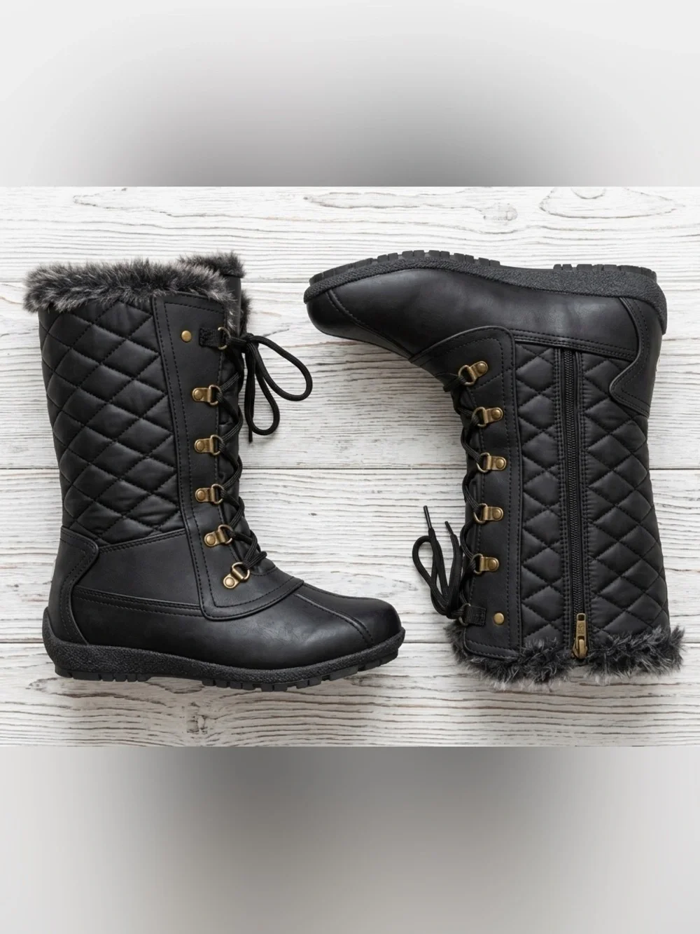 Sporto Women's Black Winter Duck Boots Size 8.5 Faux Fur Trim Laced